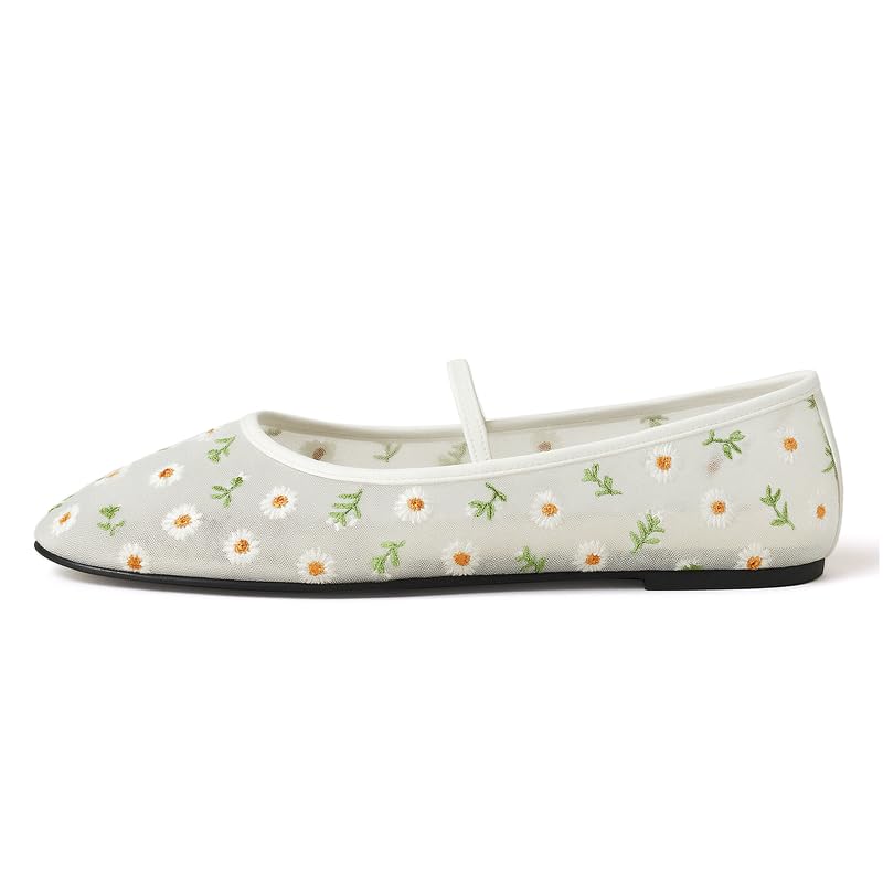 Image of Nude Mesh Ballet Flats for Women Tulle Floral Embroidered Mary Jane Ballerina Round Toe Comfortable Daily Dress Ballet Flats Shoes with Strap