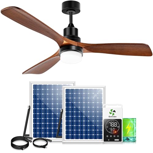 Solar Ceiling Fan 42' for Outside 3 Speeds, Outdoor Ceiling Fans with Light & Battery, Quiet Wood Walnut Fan with Adjustable Thermostat for Gazebo, Patios