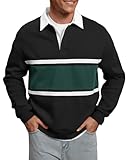 Herberton Men's Jersey Winter Shirts Thermal Jersey Fleece-Lined Color Block Rugby Heavyweight Golf Sherpa Striped Collared Long Sleeve Polo Sweatshirt Black L