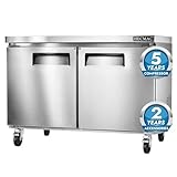 HECMAC 48" Commercial Freezer, 12.96 Cu.ft Worktop Undercounter Fridge with 2 Solid Door, -8~0℉, 18-8 Stainless Steel Interior, ETL&NSF/ANSI 7 for Restaurant, Bar, Shop, Kitchen Use