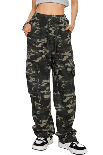 HVEPUO Camo Pants Women High Waisted Wide Leg Casual Y2K Camoflage Cargo Pants Baggy Elastic Waist Straight Jeans Trousers Green Camo M
