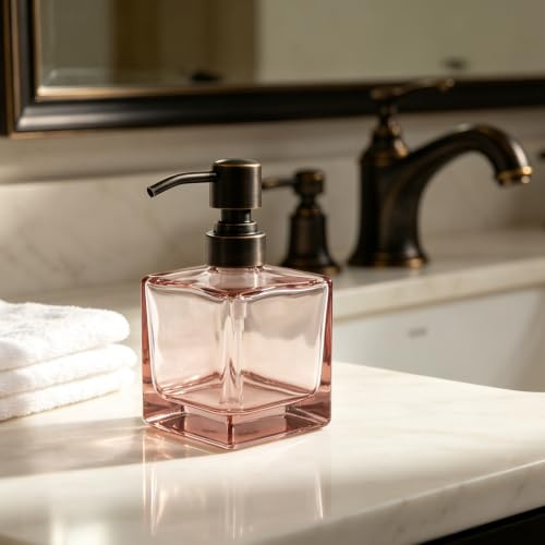 Image of Square Soap Dispenser Glass Blush Pink, Oil Rubbed Bronze,8.4oz