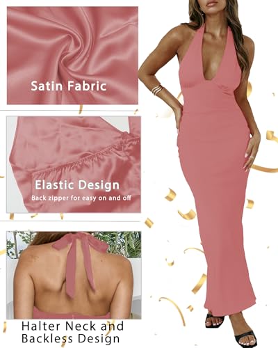 Image of Women's Satin Dresses Summer Bodycon Sexy Halter V Neck Backless Elegant Formal Prom Cocktail Wedding Guest Maxi Dress