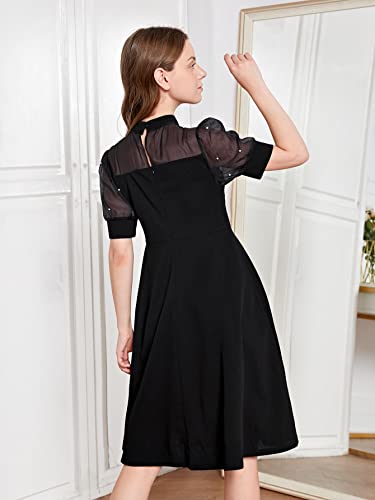 WDIRARA Girl's Dress for Summer Sheer Mesh Puff Short Sleeve Mock Neck Pearls Flared Dress2