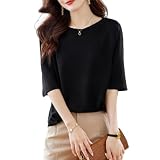 [Boretipseo] サマーニット レディース ニット トップス tシャツ カットソー 半袖 セーター 七分袖 丸首 伸縮性 プルオーバー 無地 薄手 通気 快適 涼しい 柔らかい ゆったり きれいめ 上品 オフィス 通勤 春 夏 秋