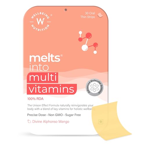 Wellbeing Nutrition Melts Plant Based Multivitamin for Men & Women with 100% RDA of Vitamin A, Vitamin B-Complex, Vitamin C, D3 + K2, Ashwagandha & Ginseng for Immunity & Energy (30 Oral Strips)