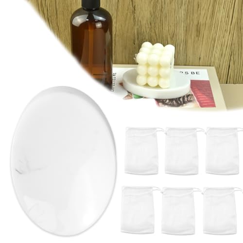DTYUIXE Jabonera para Baño, Jabonera de Resina y 6 Bolsas de Jabones de Red Plato para Jabón de Pastilla Jabonera de Lavabo Ovalada de Aspecto de Mármol de 12 x 8,3 x 1,8 cm, Blanco y Gris