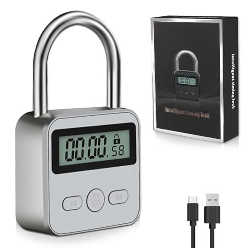 mizikuu Metal Timer Lock, Electronic Time Padlock 99 Hours Max Timing LCD Display USB Rechargeable Multi-Function Keyless Timed Lock Self-Discipline, Duty and Anti-Addiction, Silver
