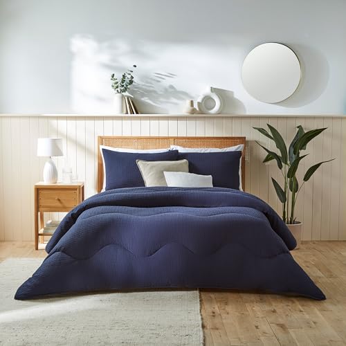 night owl - Coverless Duvet - 4.5 Tog - Single - Pure Cotton Collection - Natural Cotton Waffle - Luxury Bedding - Machine Washable - Navy Blue