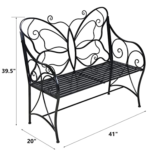 HLC Outdoor Bench Patio Outdoor Garden Bench Butterfly Cast Iron Metal with Armrests for Garden, Park,Yard, Patio, Porch, Lawn Double Seats Black - Thumbnail 2