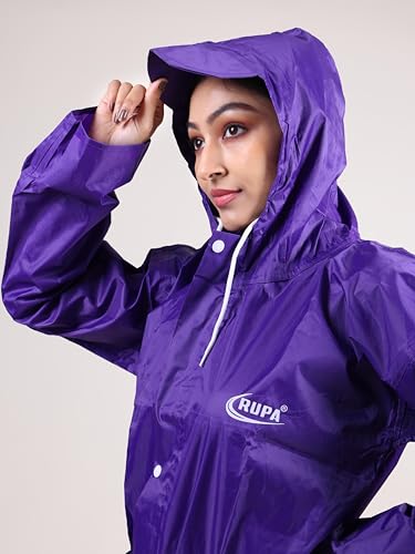 Image of Rupa Rainsuit Women Waterproof PVC Raincoat with Hood & Carry Bag | Lightweight Rainwear for Women with Front Zip | Solid Color | Standard Length | Pack of 1