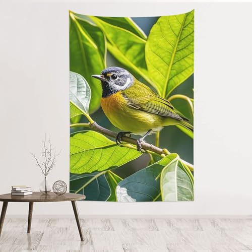 Tapisserie murale velours feuilles vertes oiseaux decoration chambre
