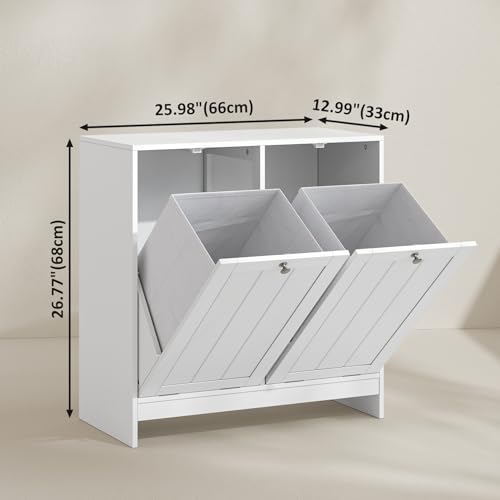 Image of Smart FENDEE Double Tilt Out Laundry Hamper Cabinet, 11.8 Gallon Hidden Trash Cabinets with 2 Baskets for Kitchen, Freestanding Small Bathroom Storage Cabinet Unit, White