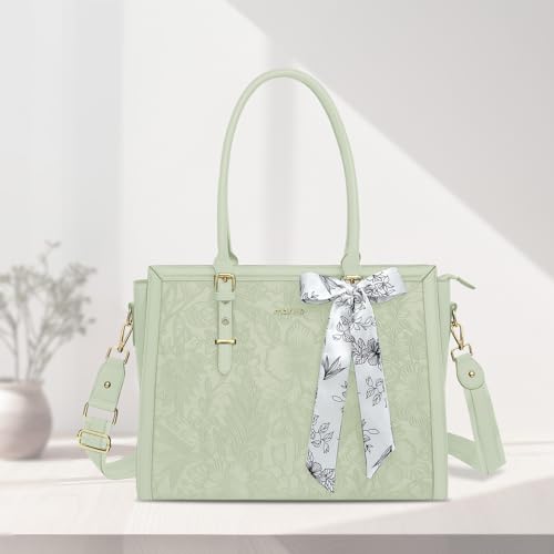 Image of MOSISO Laptop Bag for Women, PU Leather Tote Bag, Front Embossed Retro Hibiscus Computer Bags with Silk Scarf&Clutch Purse