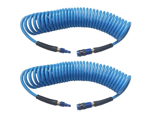 SANFU (PU) Polyurethane Recoil Air Hose 1/4”ID x 25ft With Bend Restrictor, 1/4” Industrial Aluminum 3IN1 Quick Coupler and Plug, 2-Pack, Blue