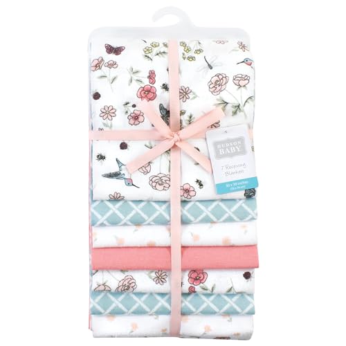Image of Little Treasure Hudson Baby Cotton Poly Flannel Receiving Blankets Multipack, Pink Hummingbird Garden, 30x30 inches