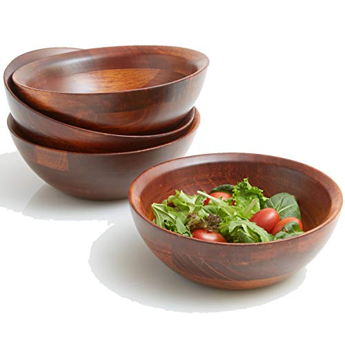 Woodard & Charles 4 Piece Individual Wood Salad Serving Bowls for Salad, Snacks, Fruit, Chips or Candy, 7