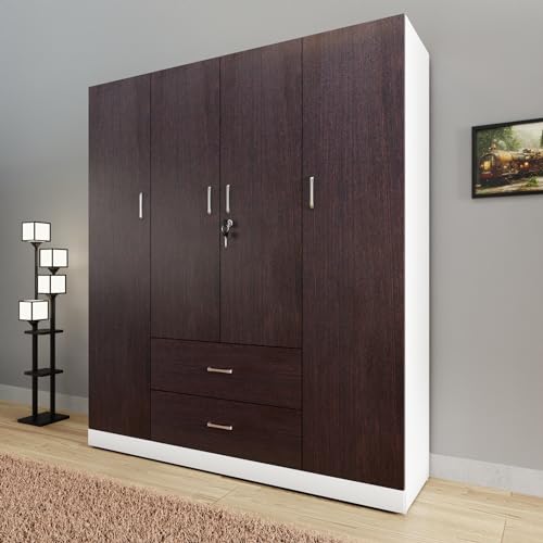Image of VIKI Wardrobe | Wooden Almirah for Clothes,Door for Bedroom, 4 Door Wardrobe with Drawer & Hanging Space (White & Wenge - 40D x 160W x 180H) | 1 Year Warranty| Free Assembly
