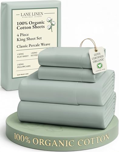 Image of LANE LINEN 100% Organic Cotton Sheets King Size, 15 inch Deep Pocket Fully Elasticized Soft & Comfy Percale Bedding, Eco Friendly Naturally Temperature Regulating Cotton Sheets King- Cool Blue