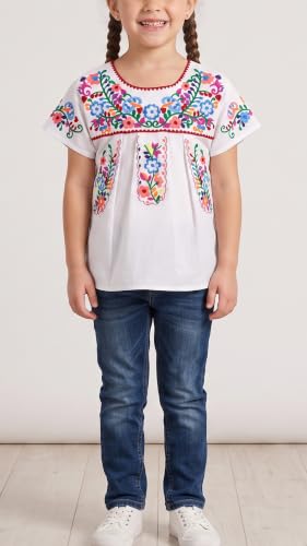 Image of YZXDORWJ Mexican Blouse for Girls Traditional Embroidered Summer Short Sleeve Peasant Blouse for Kids