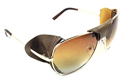 Retro Aviator Sunglasses w/Faux Leather Bridge & Side Shields (Gold Frame - Brown Leather, Brown)