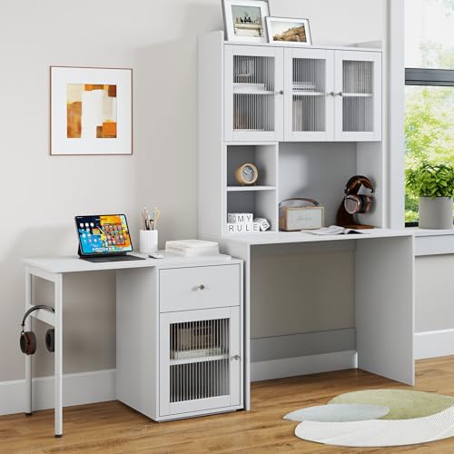 KT Rolster Computer Desk with Hutch and Rotating Desktop, White Corner Study Desk with Glass Door Storage Cabinets and Fold Out Shelf for Home Office, Craft Cabinet with Fold Out Table (White)