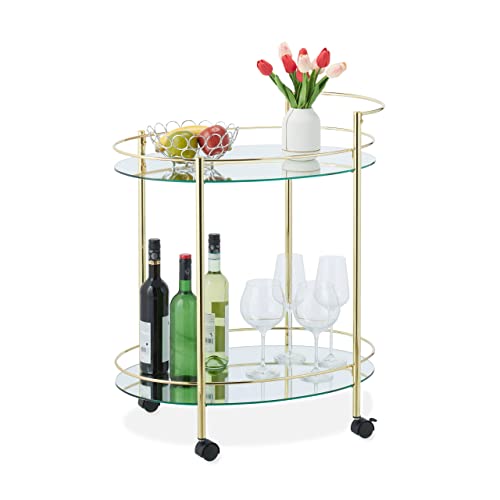 Relaxdays Servir Carrito Cocina con Ruedas, Camarera Servicio Redonda 2 Baldas Espejadas, Hierro y Cristal, 79x68x45 cm,...