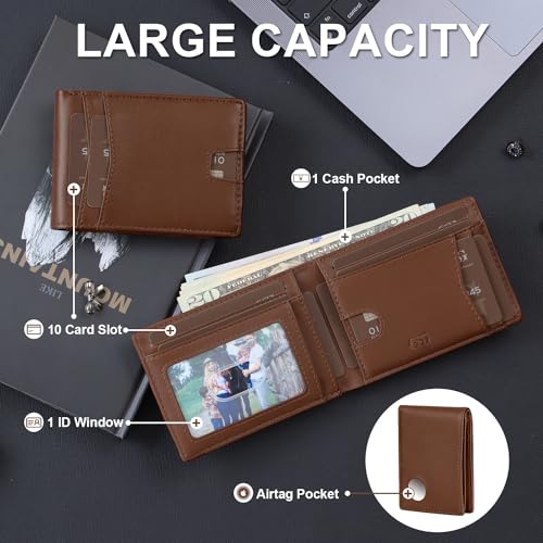 Men's Genuine Leather RFID Blocking Slim Wallet Pop-Up Card Holder 9-12 Card Capacity ID Window & Cash Slot (Dark Brown)4