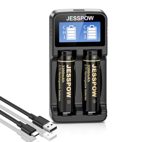 3.7 Volt Pilas Recargables con Cargador, 3300mAh Top Plana Recargable Batería Adecuado para Linternas, Cámaras, Ventiladores Pequeños (Paquete de 2, 18 X 65 mm)