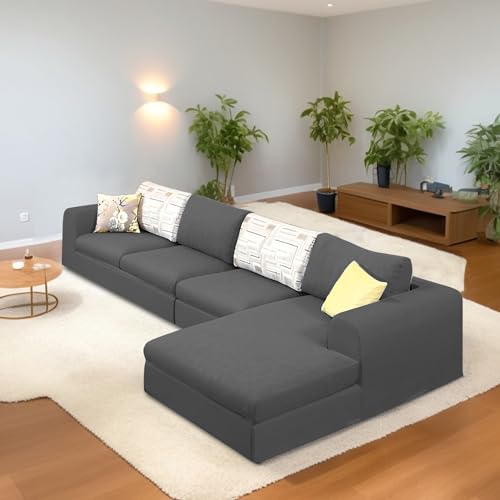 Image of Koza RHS 6 Seater L Shape Sofa Set for Living Room (Black Fabric) Premium Fabric Sofa