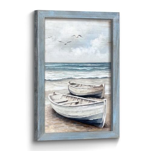 Beach Sea Boat Decor Art: Ocean Coastal Rustic Seascape Wooden Framed Wall Painting Print Sea Bird Scene Artwork Seaside Relaxing Picture Decor for Living Room Bedroom Bathroom 36 x24 Inch