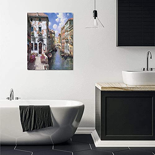 Beautiful Modern Art Watercolor Painting Color Italy Venice Canvas Print Wall Art 16" X 20" Inch, Stretched And Framed Artwork Decor Wall Living Room Office, Art Abstract City Landscape Watercolor Picture Canvas Wall Art Print #TOP4