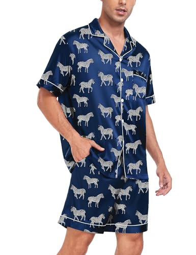 Image of SWOMOG Men Satin Silk Pajamas Sets Short Sleeve Sleepwear Button-Down PJs Sets Two-Pieces Loungewear with Pockets