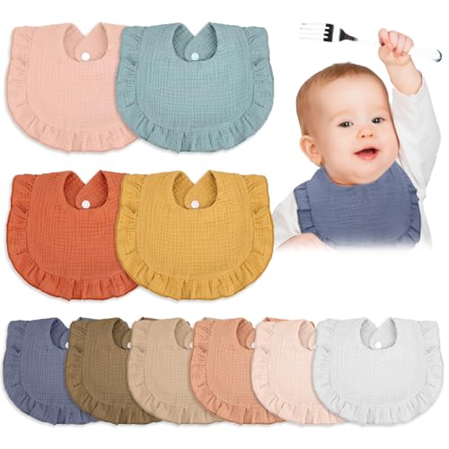 Image of Seematn 10 Pcs Baby Muslin Bibs for Unisex Girls & Boys Drool Bibs Bandana Ruffle Soft Cotton for Newborn Infants Toddlers(Gentle Colors)