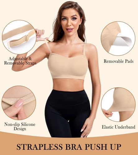 Strapless Bra for Women, Seamless Padded Bandeau Bra, Wireless Non-Slip Push Up Tube Top Bralette4