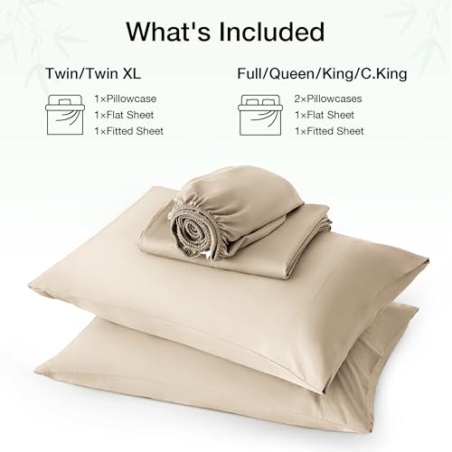 Image of Love's cabin 4 Piece Full Size Sheet Set, 100% Rayon Derived from Bamboo, Cooling & Breathable, Soft Silky Deep Pocket up to 16 inch, Hotel Luxury Bedding for Hot Sleepers, Dark Beige
