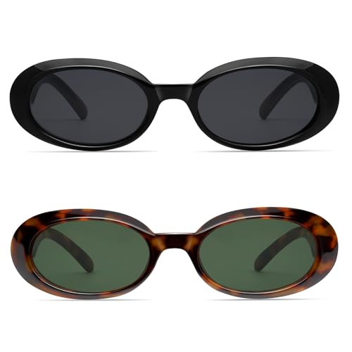 Retro Oval Sunglasses for Women Men Trendy Small 90s Style Vintage Skinny Narrow Frame 2-Pack3