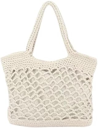 WIGUYUN Cotton Crochet Shoulder Bag Casual Tote Handbag Hollow Out Bohemian Top Handle Purse,White