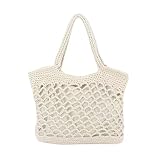 WIGUYUN Cotton Crochet Shoulder Bag Casual Tote Handbag Hollow Out Bohemian Top Handle Purse,White