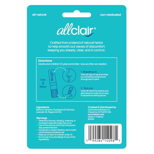 Image of Allclair Nausea Relief Inhaler for Motion & Morning Sickness - Fast-Acting, Non-Drowsy, Natural Alternative to Pills & Patches, Travel Essential (3 Inhalers)