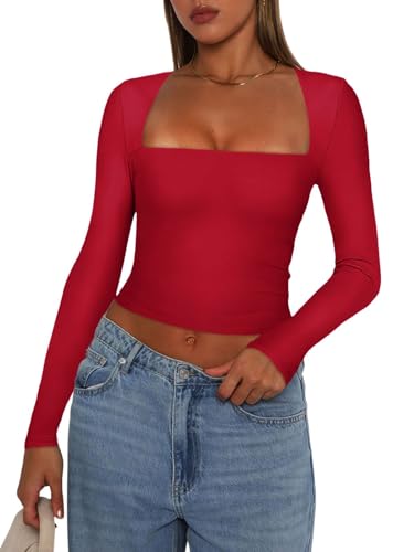 YILEEGOO Women Y2K Long Sleeve Tops Sexy Low Cut Square Neck Basic Tops Blouse Casual Slim Fit Solid Color Crop Top Tight T-Shirt (Red, S)
