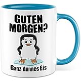 Tasse Morgenmuffel Geschenk, Guten Morgen? Ganz dünnes Eis Geschenkidee Kaffeetasse mit Spruch lustig Kaffee-Becher Bürogeschenk Pinguin-Motiv lustige Tasse Kollegen (Weiß/Blau)