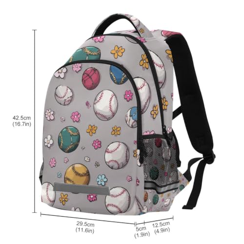 Sac à dos école imprimé baseball et fleurs roses résistant