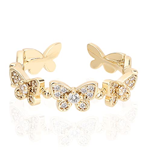 VINTAGE HAVANA Pave CZ Dainty Butterfly Ring 18K Gold Plated For Women Adjustable Size 5 â 9