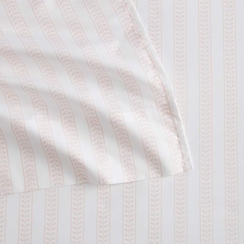 Image of Martha Stewart - Twin Size Sheet Set, Crisp & Tailored Sheets with a Smooth Cotton Percale Feel - Striped Bed Sheets with Matching Pillowcase & Fitted Sheet (Leaf Stripe Pink)