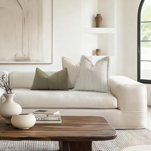Image of ZWJD Throw Pillow Covers 18x18 Set of 2 Striped Pillow Covers with Fringe Chic Cotton Decorative Pillows Square Cushion Covers for Sofa Couch Bed Living Room Farmhouse Decor (Olive Green)