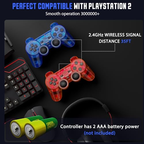 Image of GamingBoy Wireless Controller for PS2, 2 Pack 2.4G Dual Vibration Gamepad Joystick Compatible for Play station 2, Ps-2 Game Remote with Wireless Receivers (Clear Red and Clear Blue)