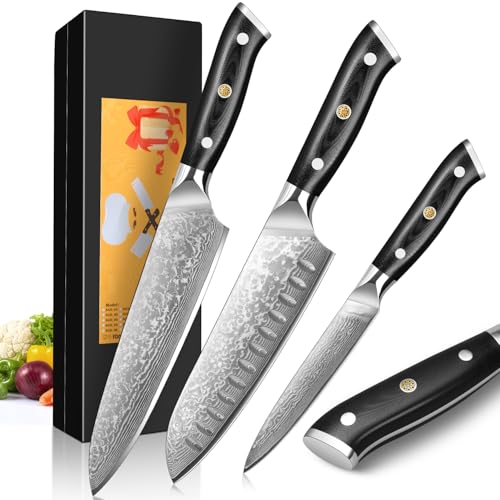 Home Safety 3 Pièces Ensembles de Couteaux Cuisine, Set Couteau Cuisine Damas, 67 Couche Acier Couteaux Japonais - Couteau de Chef 20CM, Couteau Santoku 17,5CM, 12,5CM Couteau Universel