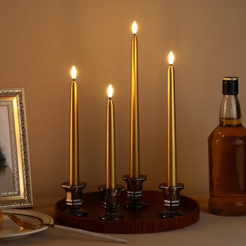 Image of Rossesay 64 Pcs Wedding Flameless LED Taper Candles Battery Operated Candles 4 Sizes of 8.5'', 9.65'', 10.83'', 12.8'' Candlesticks Flickering for Halloween Christmas Church Wedding(Gold)