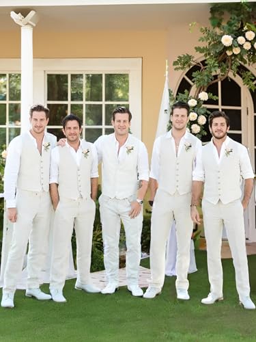 Men's Linen Suit 2 Piece Slim Fit Vest and Pants Set for Beach Wedding Groomsmen Tuxedos Casual Suit Waistcoat4